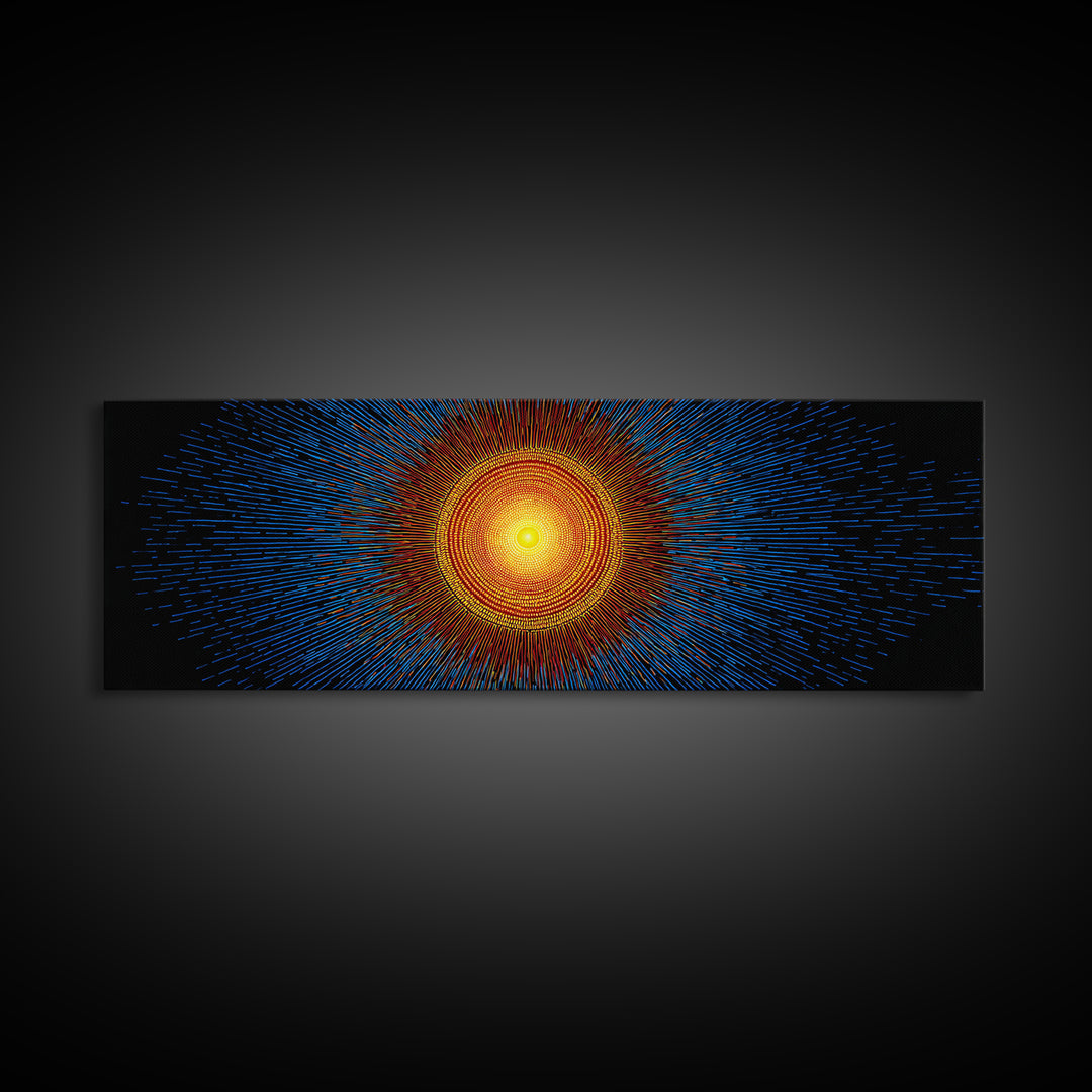 Blue And Orange Radiant Solar Burst Canvas Print, Abstract Space Wall Art, Midcentury Modern Poster, Bold Geometric Decor