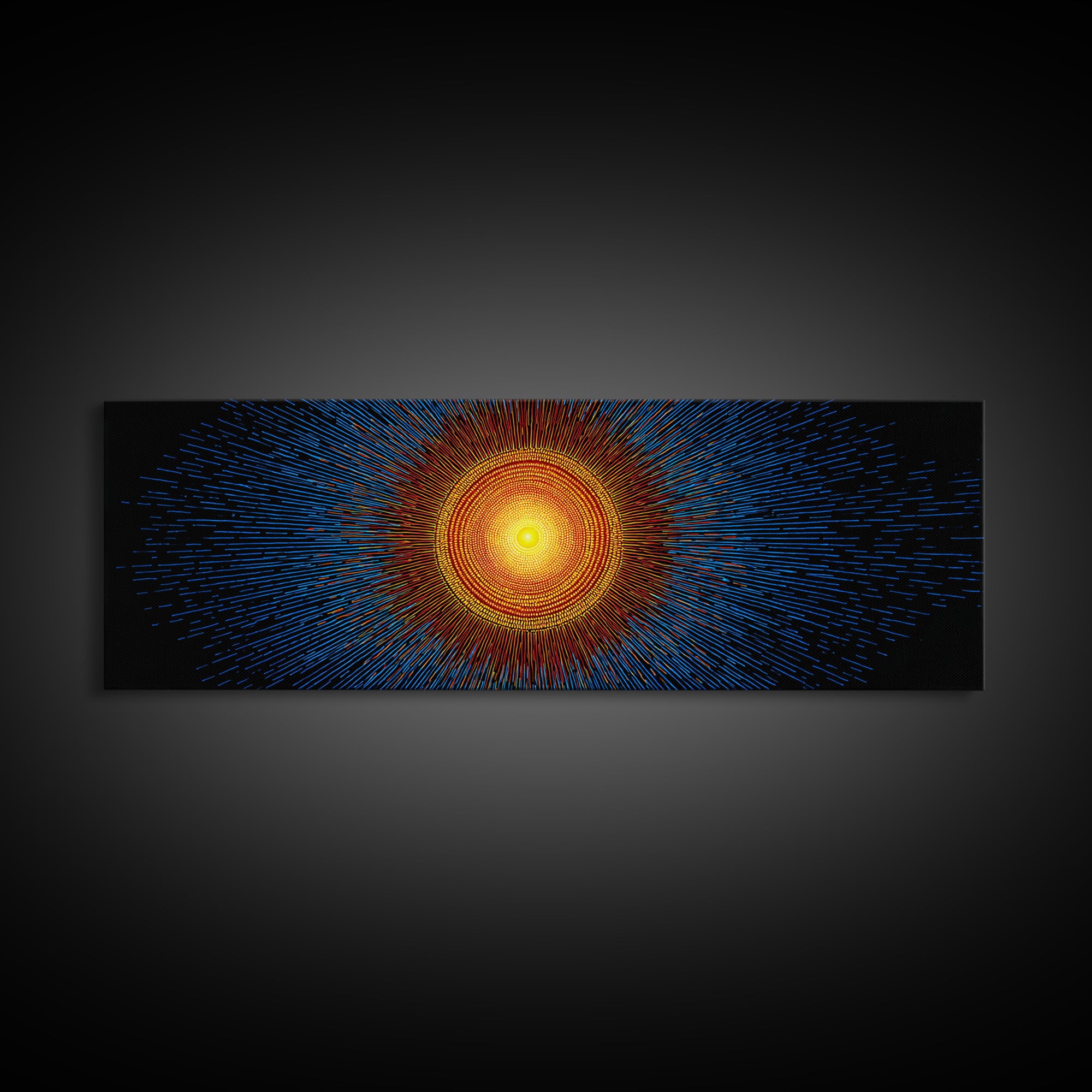 Blue And Orange Radiant Solar Burst Canvas Print, Abstract Space Wall Art, Midcentury Modern Poster, Bold Geometric Decor