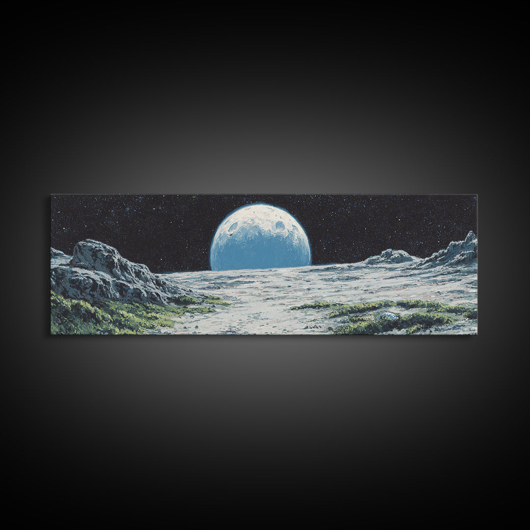 Moon Rising Over Alien Mountains Wall Art, Retro Sci Fi Landscape Poster, Midcentury Modern Decor, Scenic Space Art Print