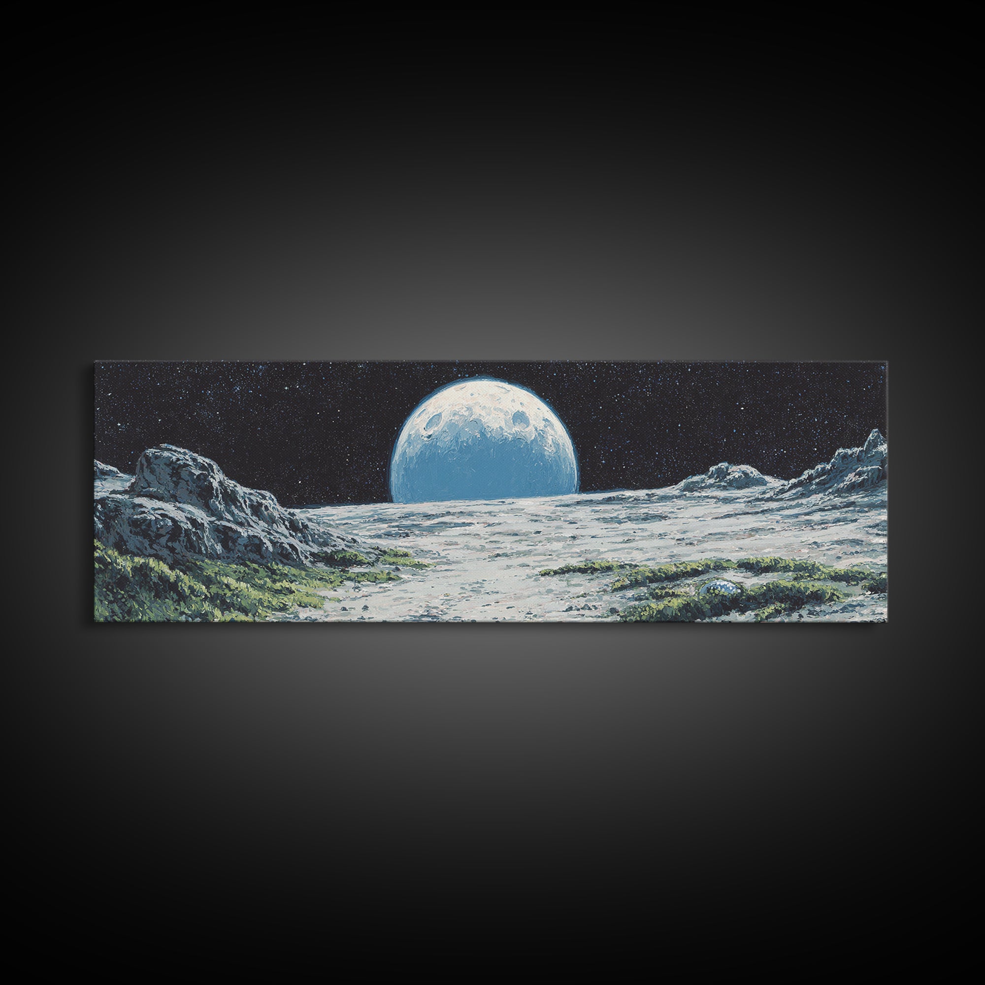 Moon Rising Over Alien Mountains Wall Art, Retro Sci Fi Landscape Poster, Midcentury Modern Decor, Scenic Space Art Print