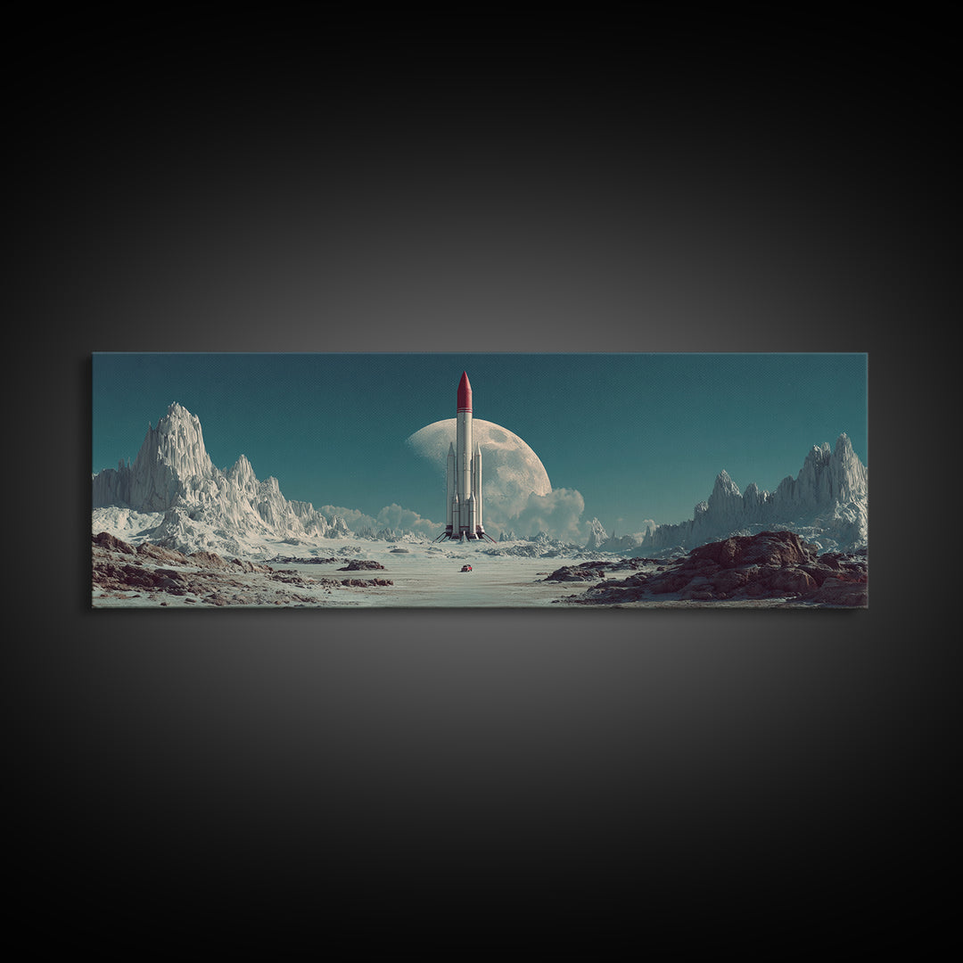 Rocket On Lunar Plain With Giant Moon Framed Canvas Print, Retro Sci Fi Wall Art, Midcentury Modern Space Poster Decor Gift