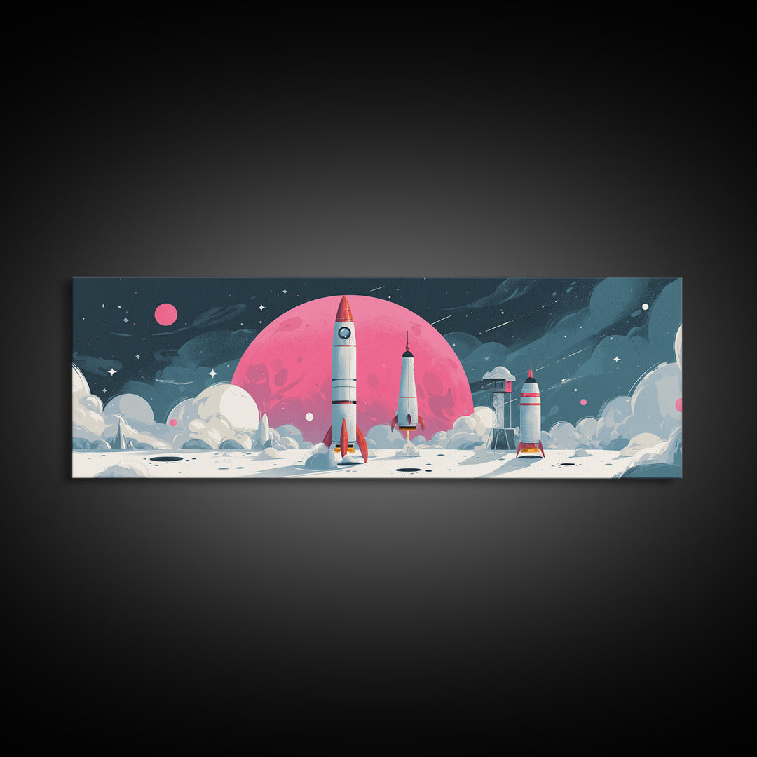 Pink Moon Rocket Base Wall Art, Retro Sci Fi Space Poster, Midcentury Modern Art Print, Lunar Nursery Decor, MCM Wall Decor