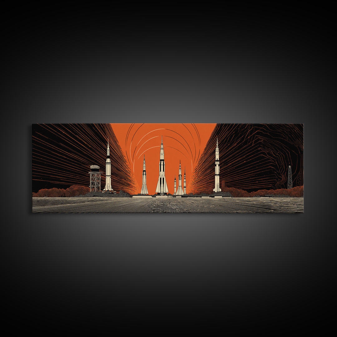 Orange Spaceport Rockets Framed Canvas Print, Midcentury Modern Wall Art, Retro Sci Fi Poster, Atomic MCM Wall Decor, Modern Home Decor