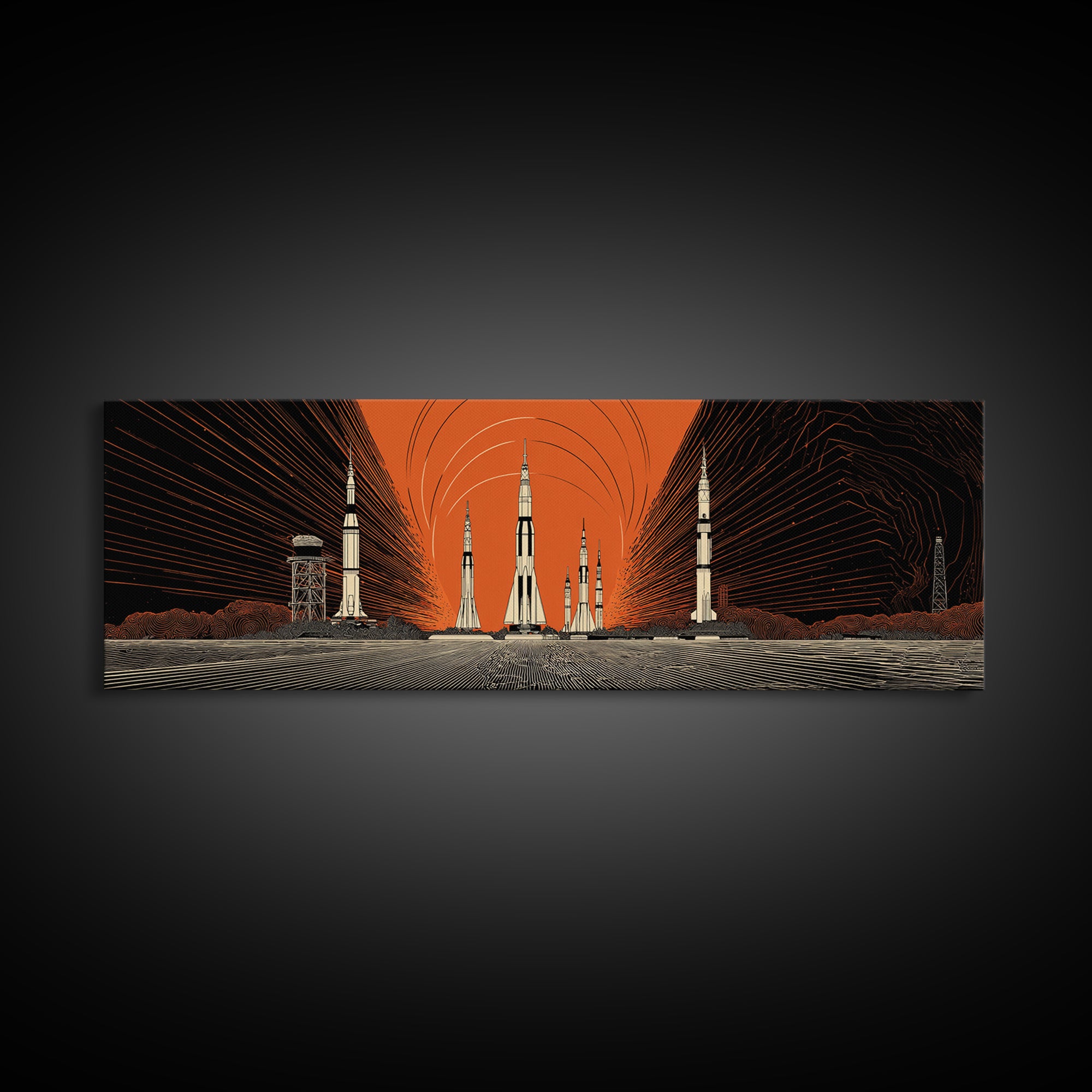 Orange Spaceport Rockets Framed Canvas Print, Midcentury Modern Wall Art, Retro Sci Fi Poster, Atomic MCM Wall Decor, Modern Home Decor