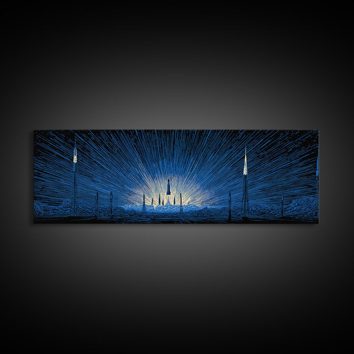 Blue Rocket Launch Wall Art, Radiant Sci Fi Space Poster, Midcentury Modern Art Print, Retro Futuristic Office Decor For Home