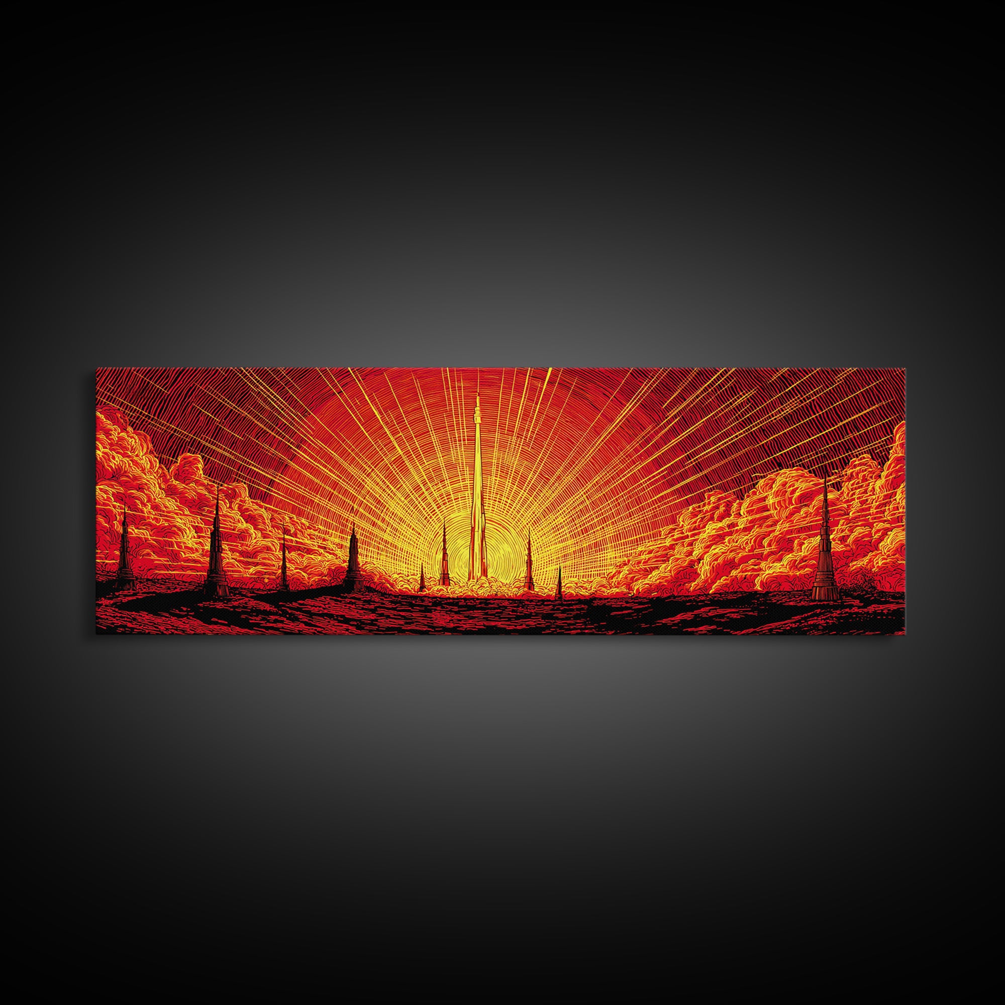 Fiery Rocket Silhouette Canvas Print, Orange Sunburst Space Poster, Midcentury Modern Wall Art, Retro Sci Fi MCM Home Decor