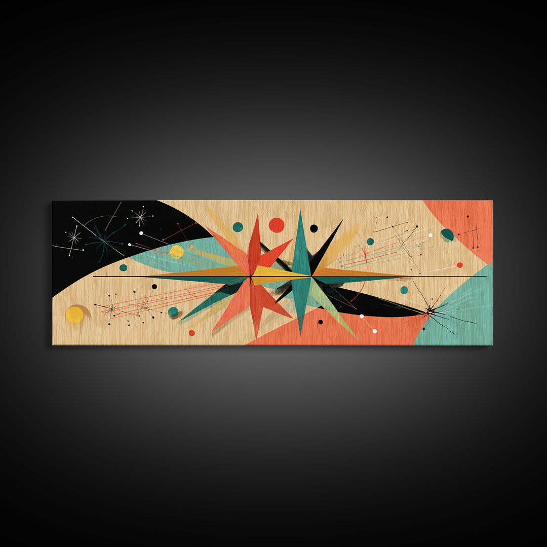 Retro Atomic Starburst On Wood Framed Canvas Print, Mid Century Modern Art, Boho Geometric Wall Decor For Office Or Den
