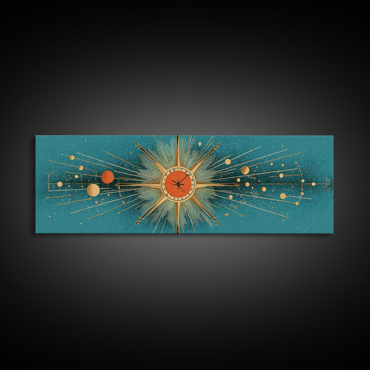 Teal Atomic Clock Sunburst Canvas Print, Mid Century Modern Wall Art, Retro Geometric Office Decor, Turquoise Mcm Print Gift