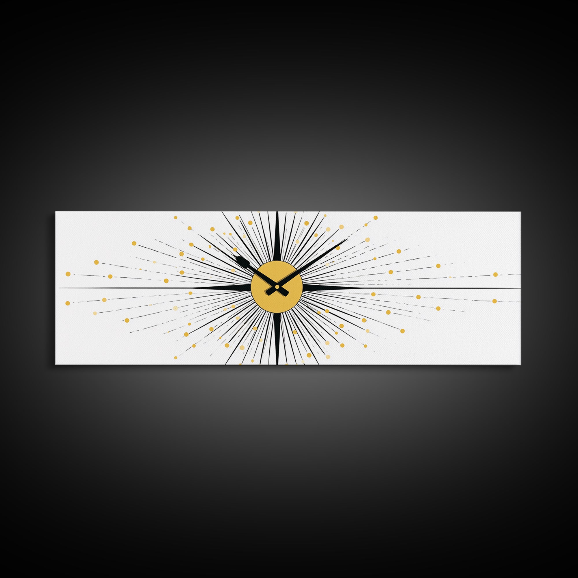 Minimal Gold Clock Starburst Wall Art, Mid Century Modern Abstract Print, Geometric Bauhaus Decor For Office, Entry, Or Den