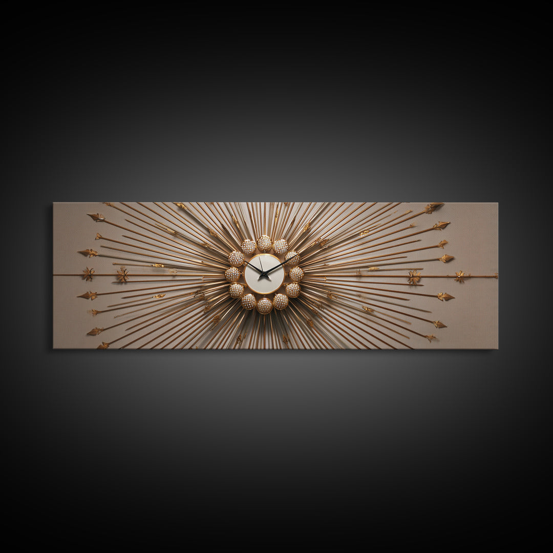 Gold Sunburst Clock Sculpture Framed Canvas Print, Mid Century Modern Wall Art, Hollywood Regency Decor For Living Room