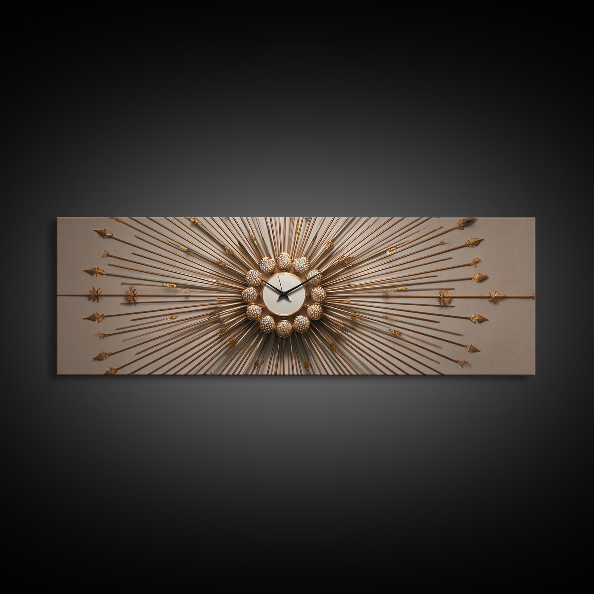 Gold Sunburst Clock Sculpture Framed Canvas Print, Mid Century Modern Wall Art, Hollywood Regency Decor For Living Room