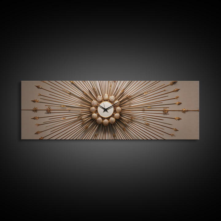 Gold Sunburst Clock Sculpture Framed Canvas Print, Mid Century Modern Wall Art, Hollywood Regency Decor For Living Room