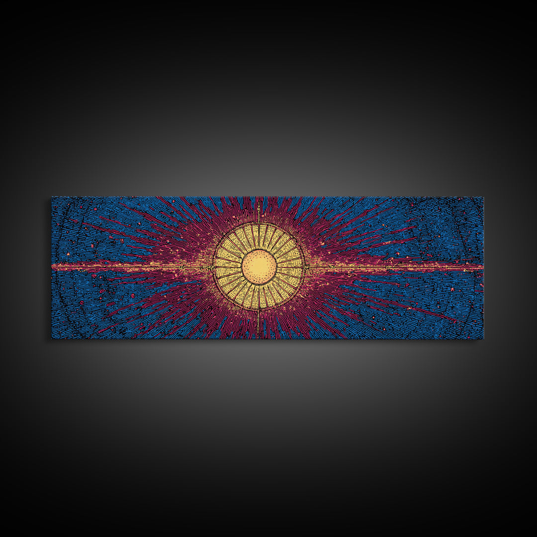 Blue Magenta Solar Burst Wall Art, Mid Century Modern Abstract Print, Cosmic Retro Decor For Living Room And Office, Wall Decor