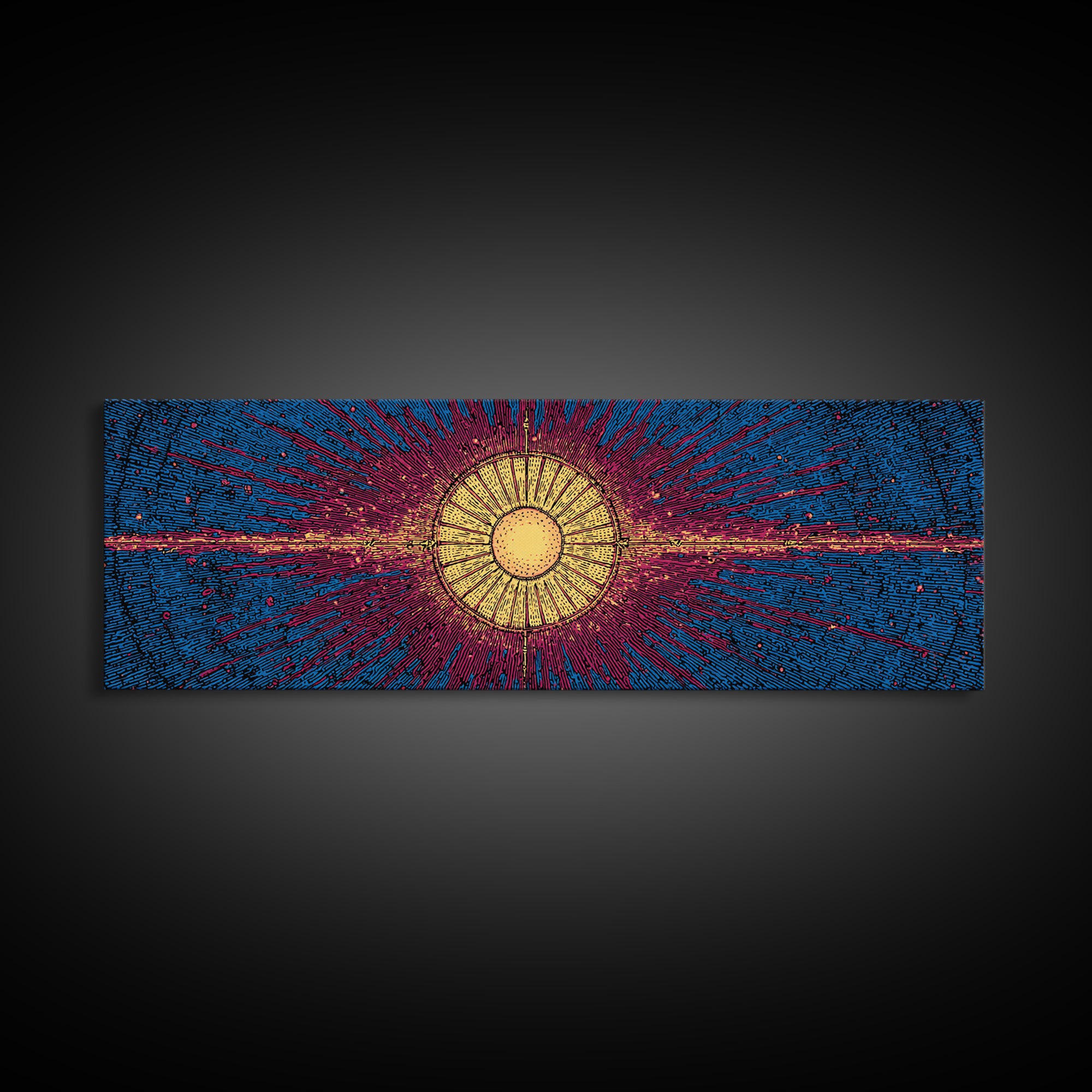 Blue Magenta Solar Burst Wall Art, Mid Century Modern Abstract Print, Cosmic Retro Decor For Living Room And Office, Wall Decor
