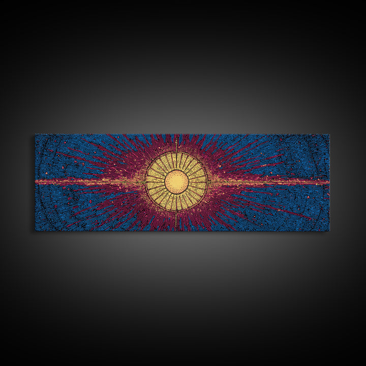 Blue Magenta Solar Burst Wall Art, Mid Century Modern Abstract Print, Cosmic Retro Decor For Living Room And Office, Wall Decor