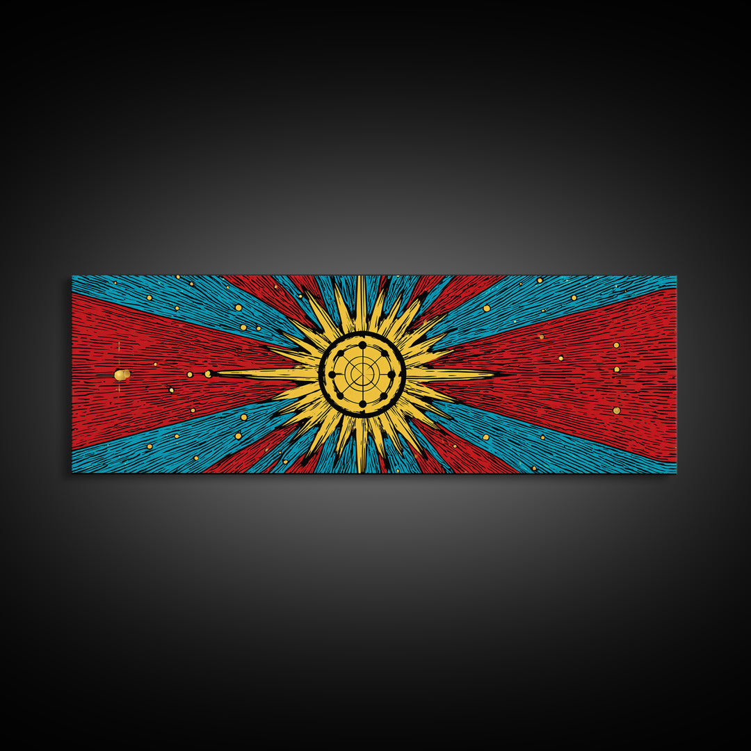Radiant Atomic Sunburst And Orbiting Stars Canvas Print, Mid Century Modern Wall Art, Retro Space Decor, Bold MCM Poster