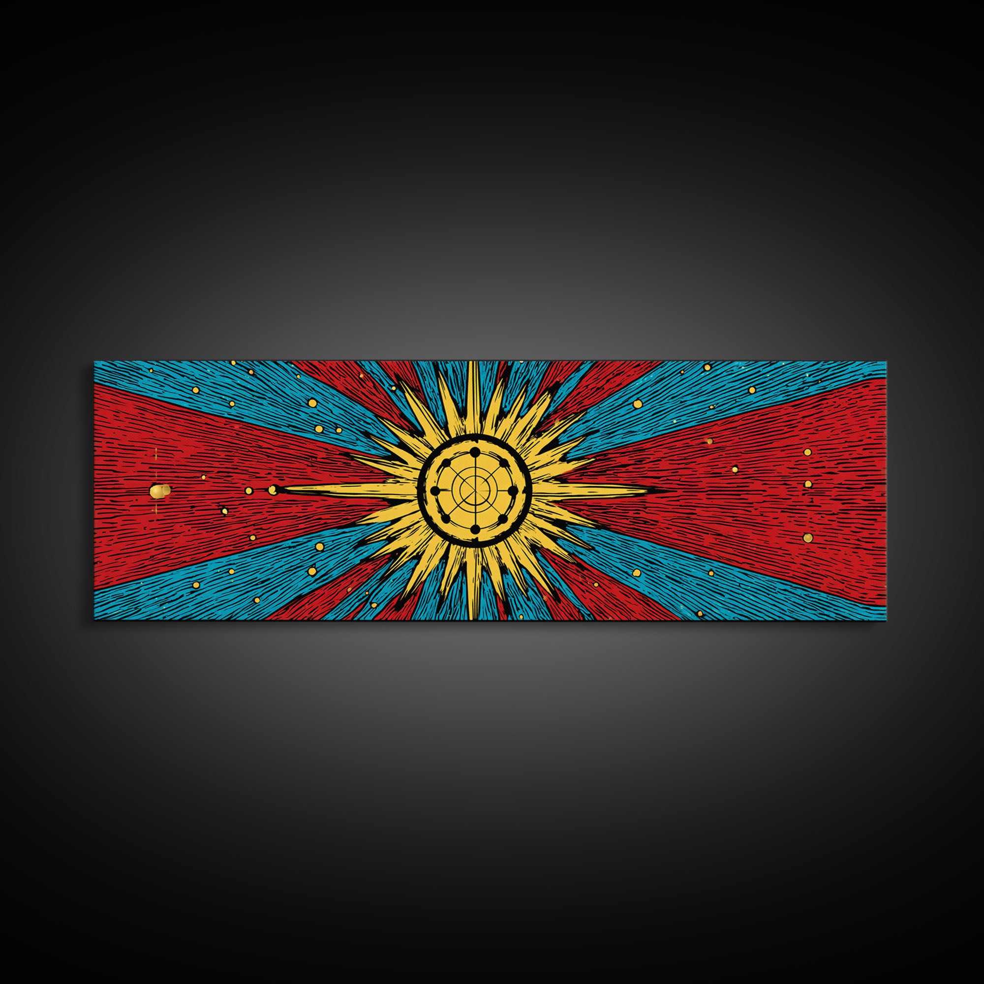 Radiant Atomic Sunburst And Orbiting Stars Canvas Print, Mid Century Modern Wall Art, Retro Space Decor, Bold MCM Poster