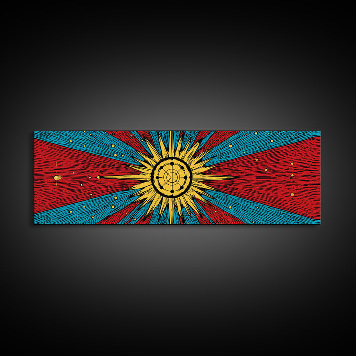 Radiant Atomic Sunburst And Orbiting Stars Canvas Print, Mid Century Modern Wall Art, Retro Space Decor, Bold MCM Poster