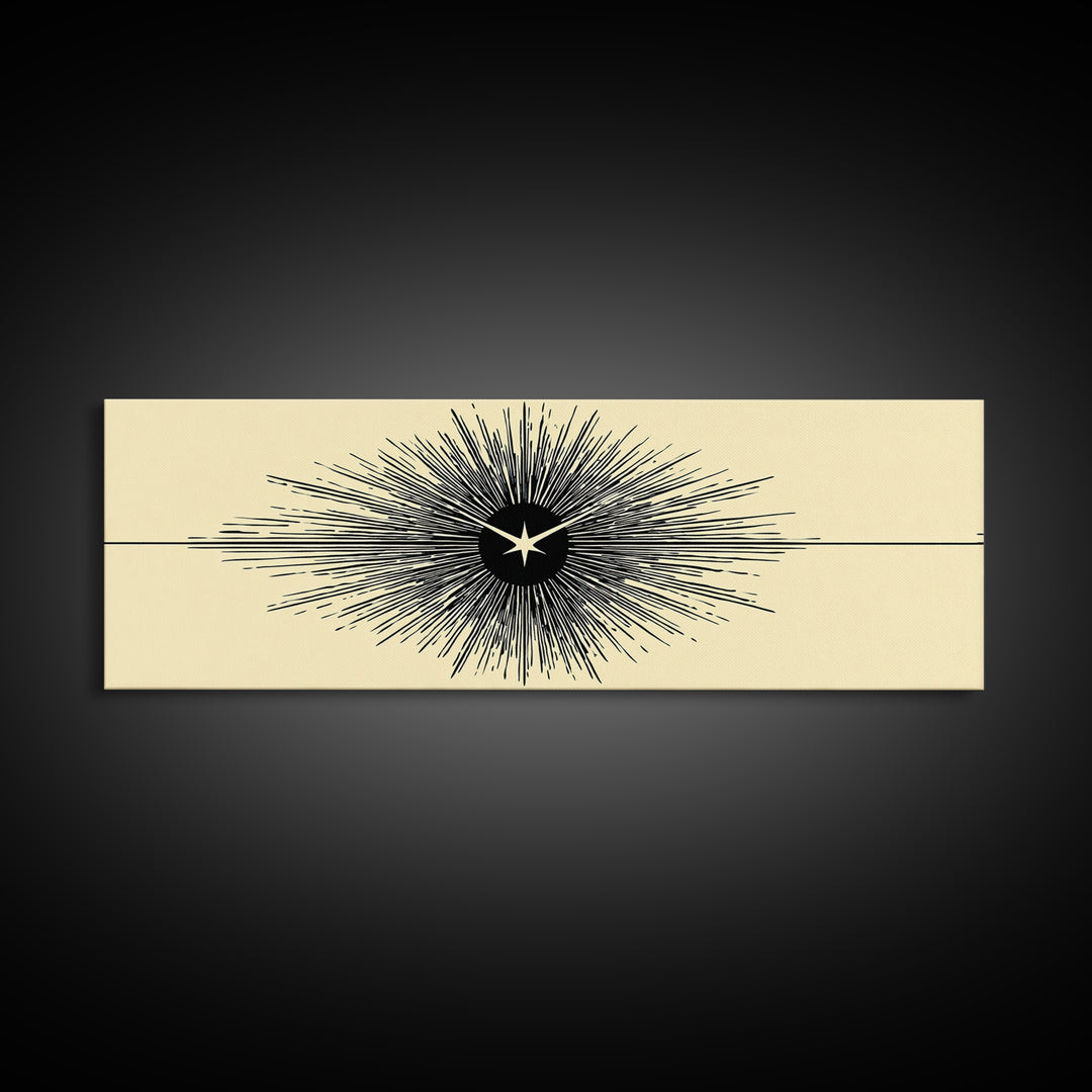Black Starburst Atomic Eye Canvas Print, Mid Century Modern Wall Art, Minimalist Retro Poster, Beige Space Age Home Decor