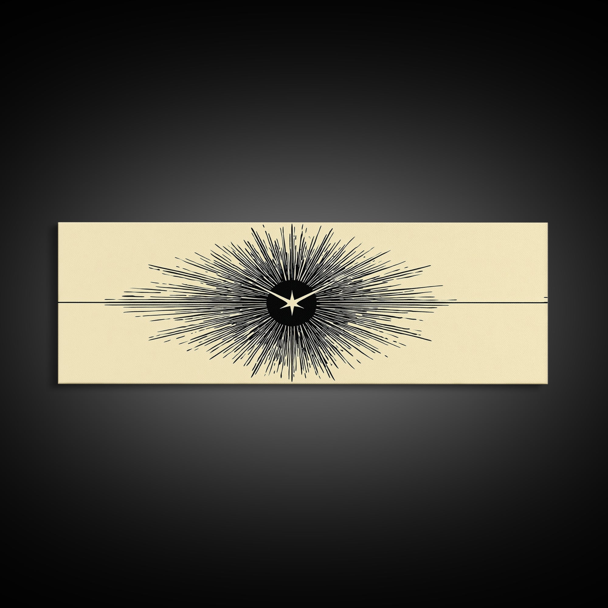 Black Starburst Atomic Eye Canvas Print, Mid Century Modern Wall Art, Minimalist Retro Poster, Beige Space Age Home Decor