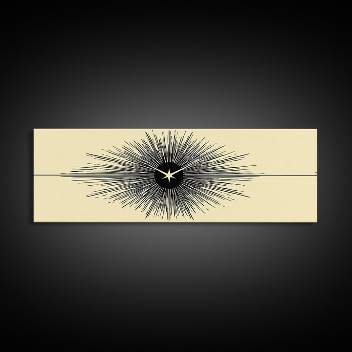 Black Starburst Atomic Eye Canvas Print, Mid Century Modern Wall Art, Minimalist Retro Poster, Beige Space Age Home Decor