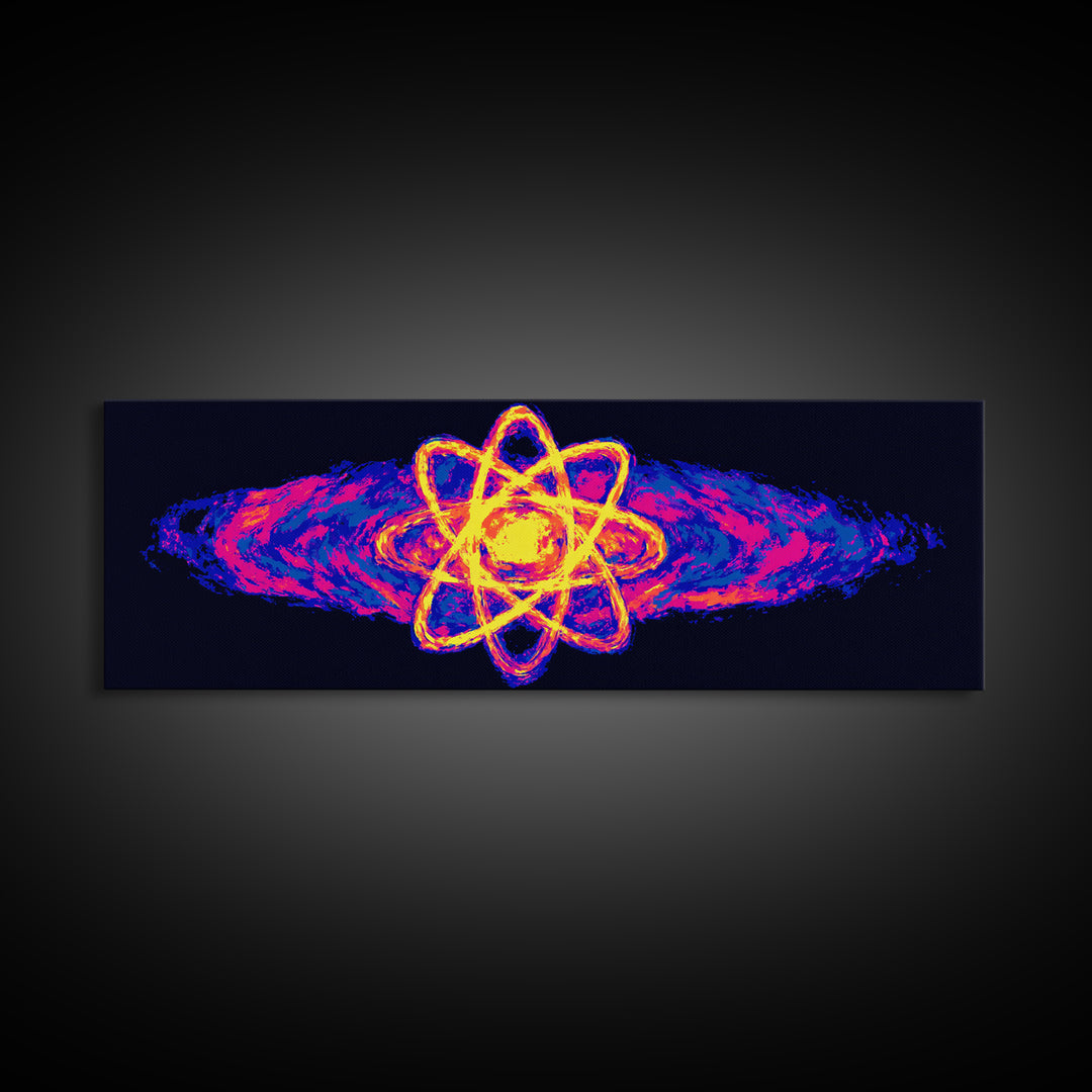 Neon Atom With Cosmic Energy Waves Canvas Print, Modern Abstract Art, Retro Sci Fi Wall Art, Colorful Space Poster, Home Decor