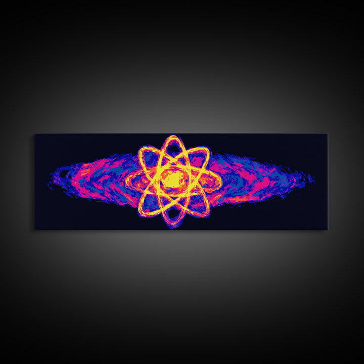 Neon Atom With Cosmic Energy Waves Canvas Print, Modern Abstract Art, Retro Sci Fi Wall Art, Colorful Space Poster, Home Decor