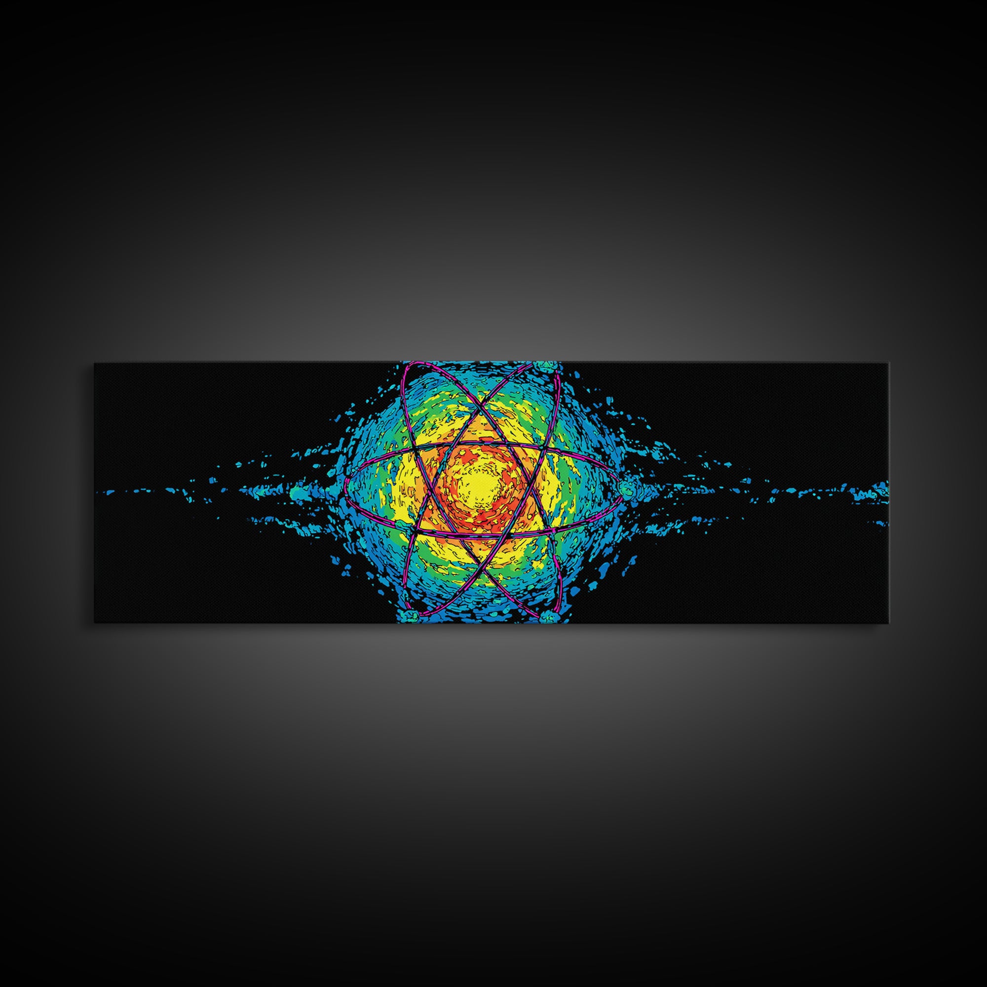 Glowing Yellow Atom And Blue Particle Waves Canvas Print, Midcentury Modern Wall Art, Retro Science Poster, Space Decor Art