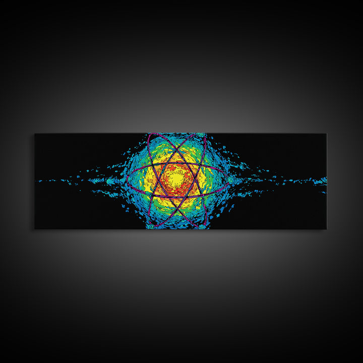 Glowing Yellow Atom And Blue Particle Waves Canvas Print, Midcentury Modern Wall Art, Retro Science Poster, Space Decor Art