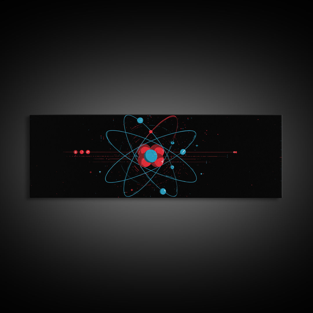 Red And Blue Atomic Orbit Diagram Canvas Print, Mid Century Modern Wall Art, Minimalist Science Poster, Space Age Decor Print