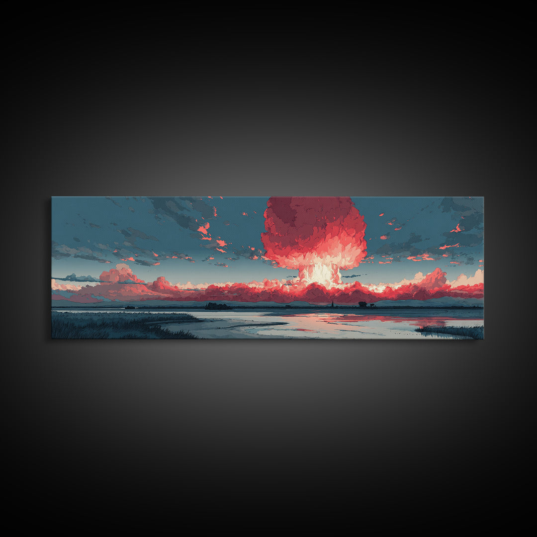 Dramatic Red Mushroom Cloud Over Wetlands Wall Art, Modern Abstract Art Print, Sci Fi Landscape Poster, Statement Home Decor