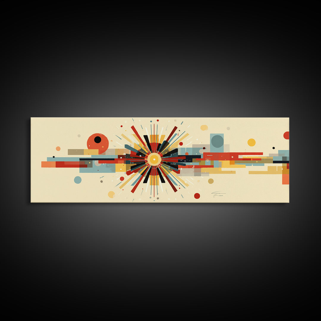 Geometric Atomic Burst With Circles And Lines Canvas Print, Mid Century Modern Wall Art, Bauhaus Poster, Colorful Decor Print