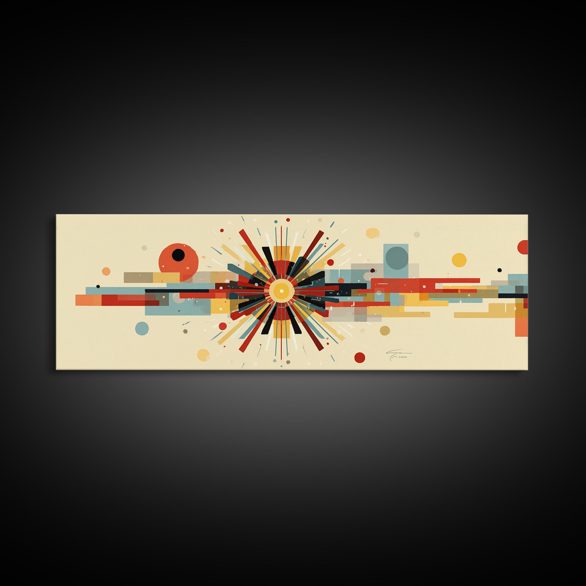 Geometric Atomic Burst With Circles And Lines Canvas Print, Mid Century Modern Wall Art, Bauhaus Poster, Colorful Decor Print