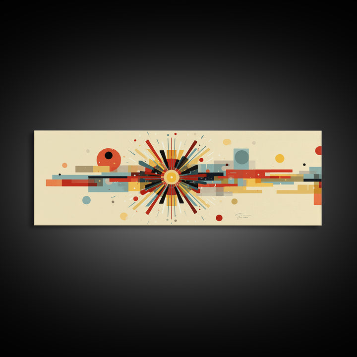 Geometric Atomic Burst With Circles And Lines Canvas Print, Mid Century Modern Wall Art, Bauhaus Poster, Colorful Decor Print