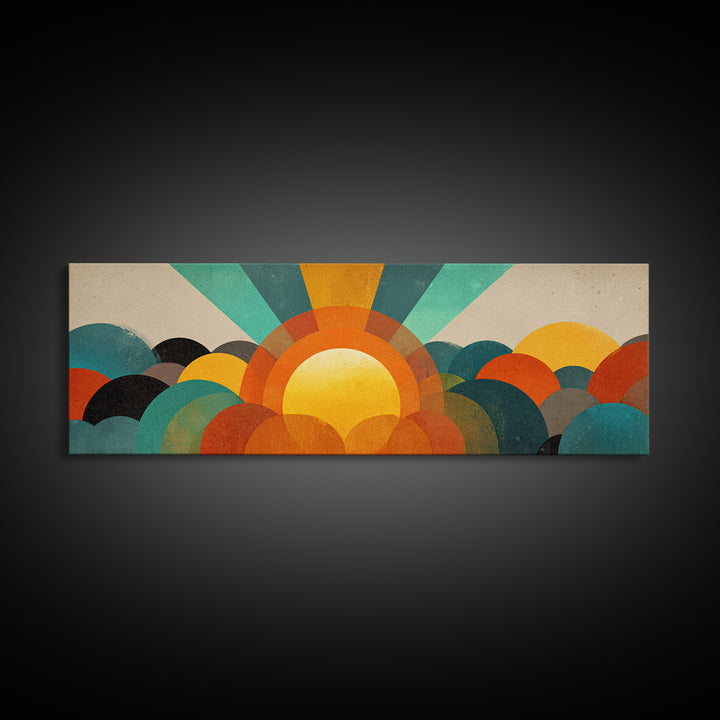Layered Sun Rising Over Retro Hills Canvas Print, Mid Century Modern Wall Art, Colorful Landscape Poster, MCM Home Decor
