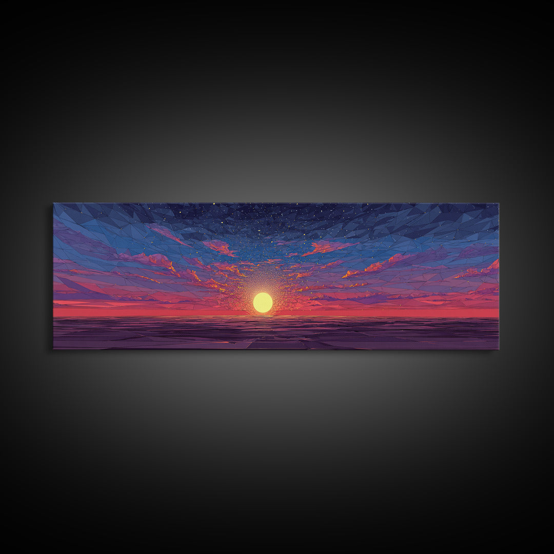 Geometric Ocean Sunset Wall Art, Low Poly Seascape Canvas Print, Retro Modern Home Decor, Colorful Gallery Bedroom Art Print