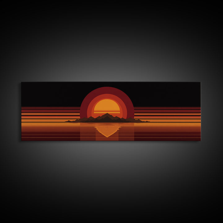 Orange Desert Sun And Mountain Reflection Wall Art, Retro Midcentury Canvas Print, Black Minimalist Modern Home Decor Poster