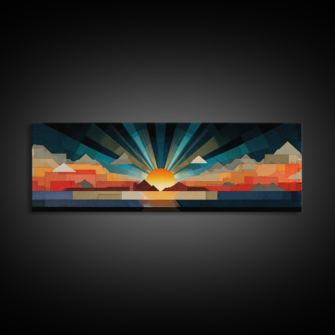 Art Deco Sunrise Mountain Landscape Wall Art, Midcentury Modern Canvas Print, Bold Geometric Retro Living Room Decor Poster
