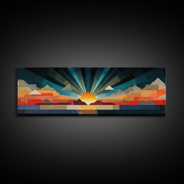 Art Deco Sunrise Mountain Landscape Wall Art, Midcentury Modern Canvas Print, Bold Geometric Retro Living Room Decor Poster
