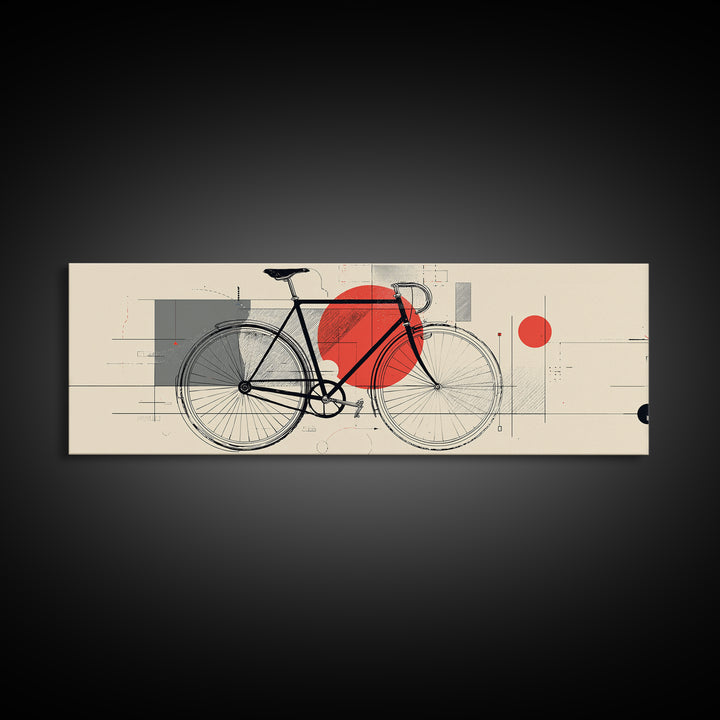 Minimalist Black Bicycle Wall Art, Red Sun Bauhaus Canvas Print, Midcentury Modern Cycling Poster, Graphic Office Decor Art Print