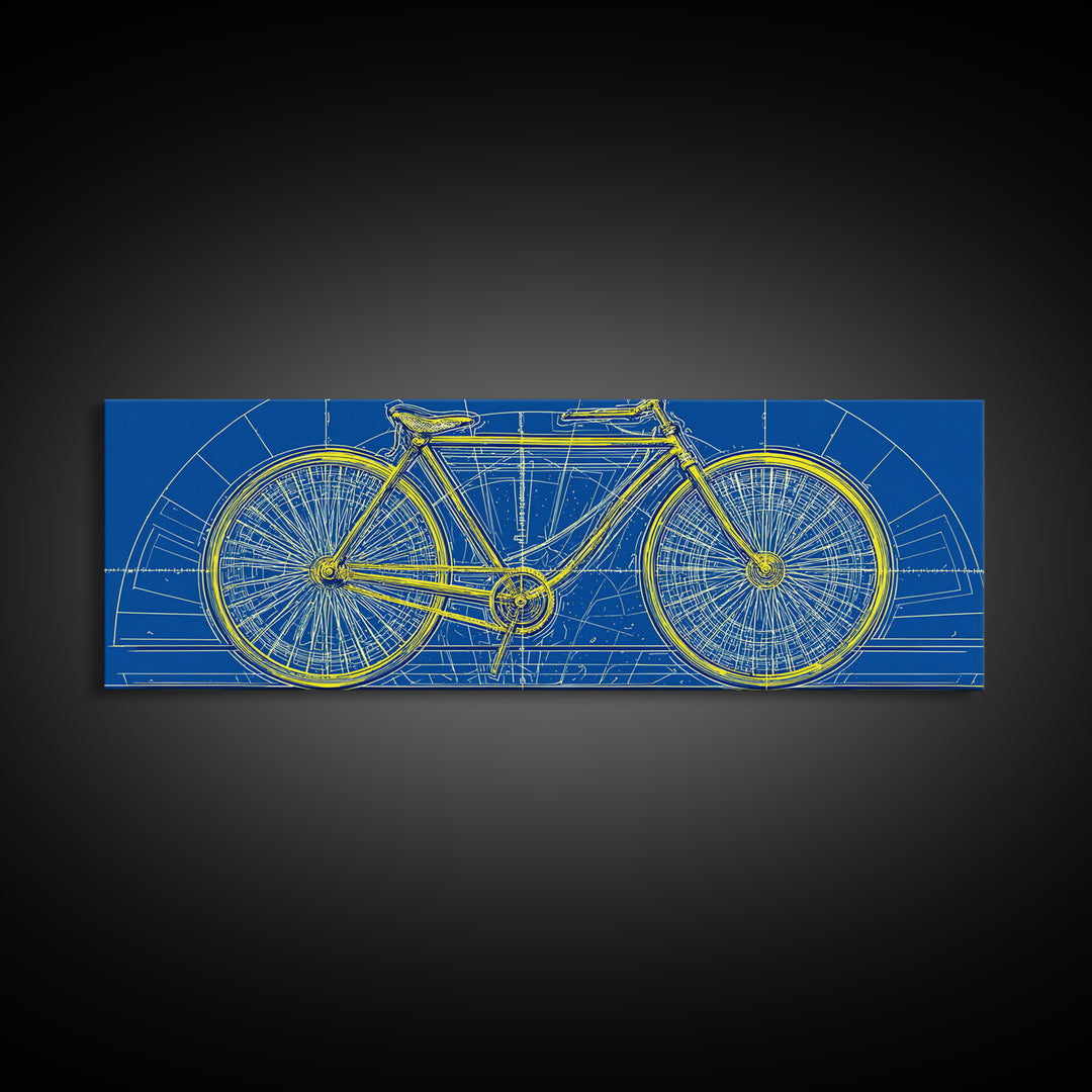 Blue Yellow Bicycle Blueprint Canvas Print, Mid Century Modern Wall Art, Cycling Poster, Geometric Retro Office Decor Gift