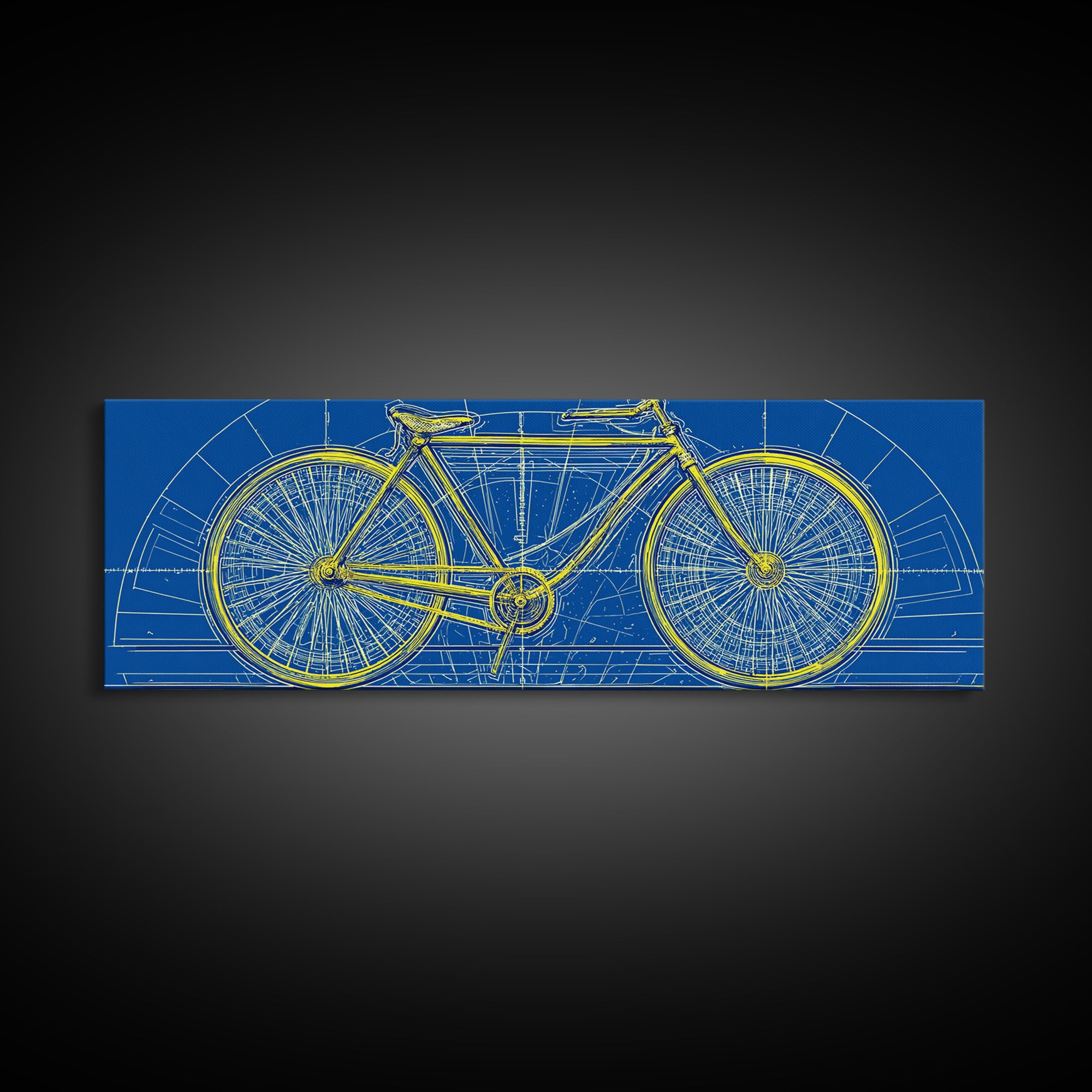 Blue Yellow Bicycle Blueprint Canvas Print, Mid Century Modern Wall Art, Cycling Poster, Geometric Retro Office Decor Gift