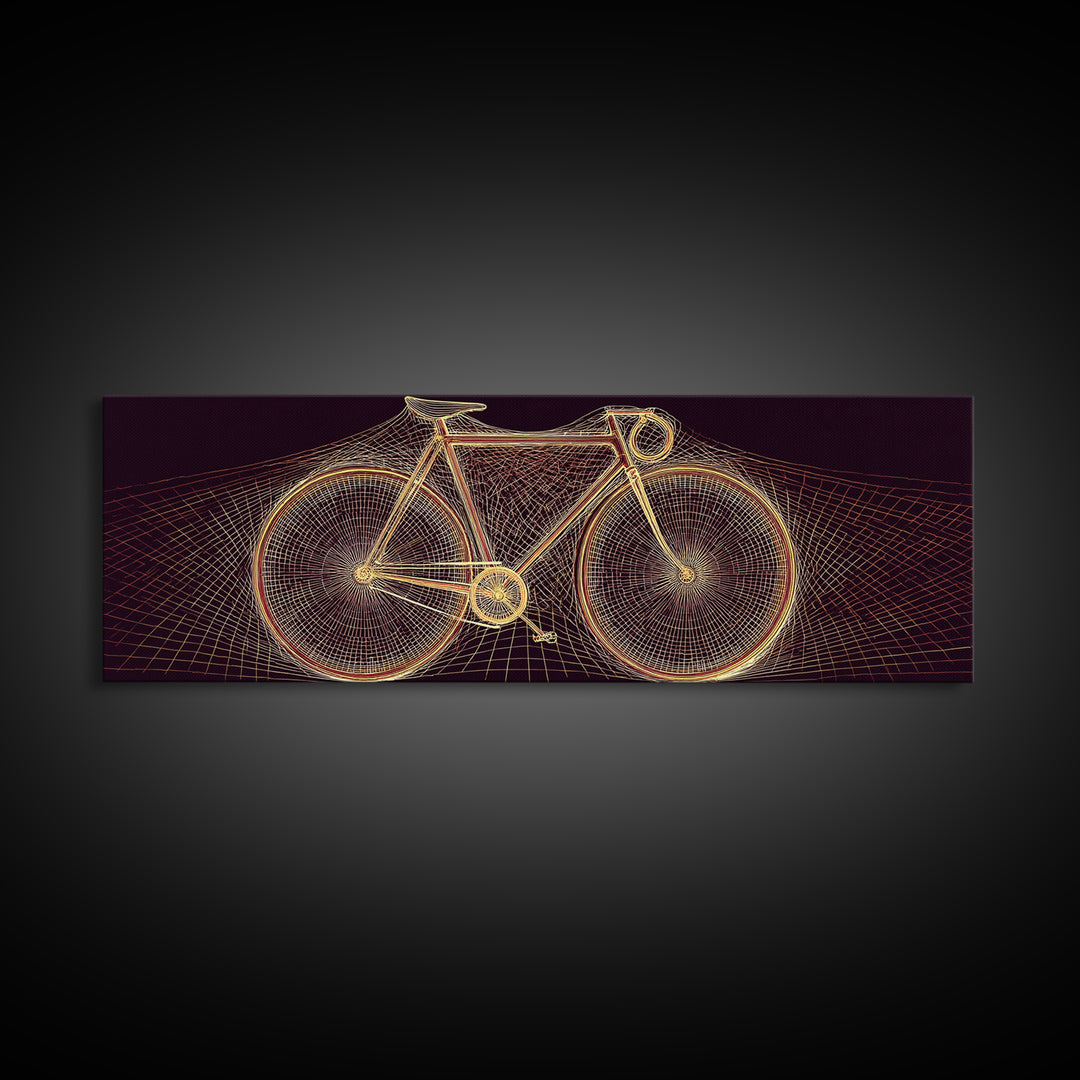 Glowing Gold Road Bicycle Framed Canvas Print, Retro Futuristic Cycling Wall Art, Modern Geometric Poster, Man Cave Decor