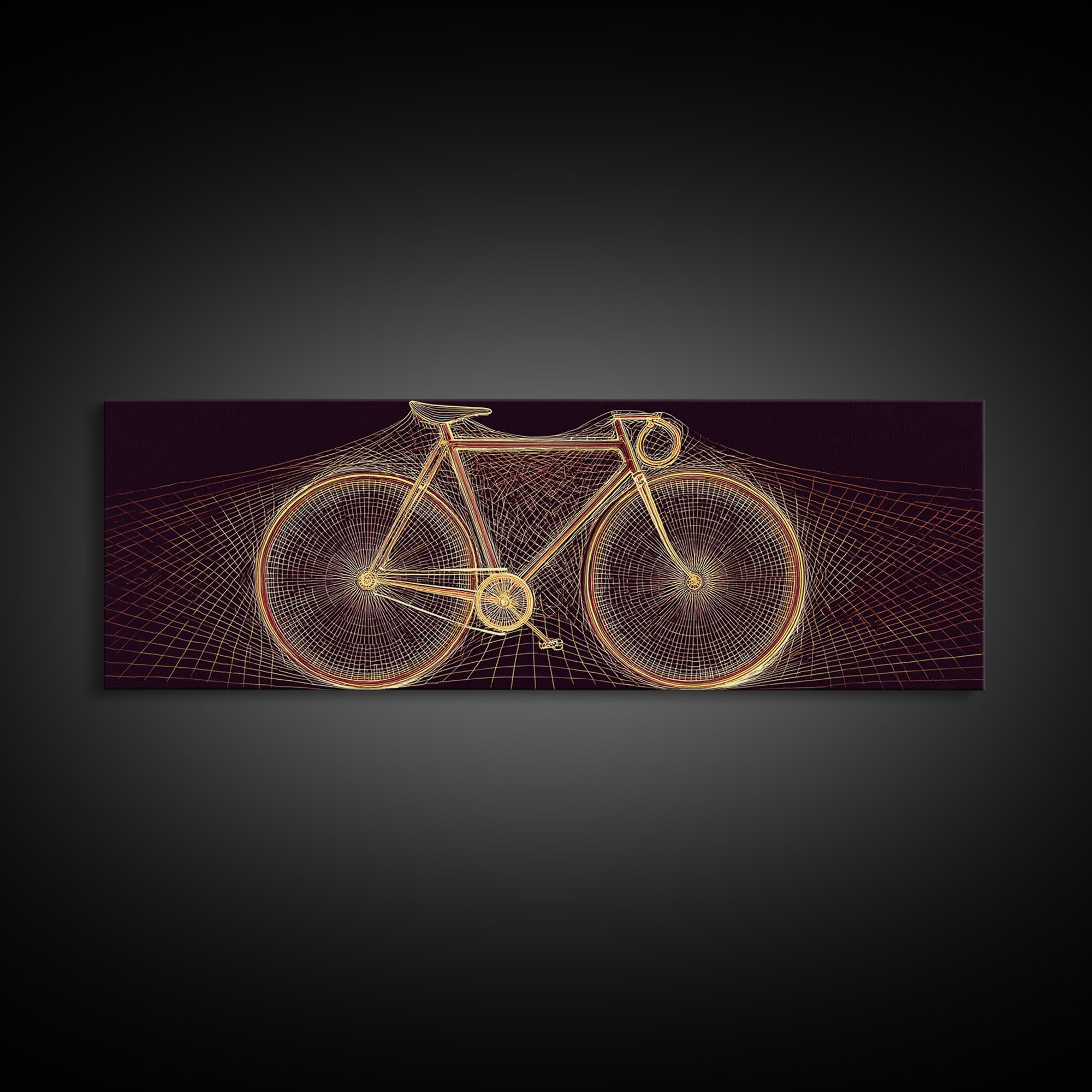 Glowing Gold Road Bicycle Framed Canvas Print, Retro Futuristic Cycling Wall Art, Modern Geometric Poster, Man Cave Decor