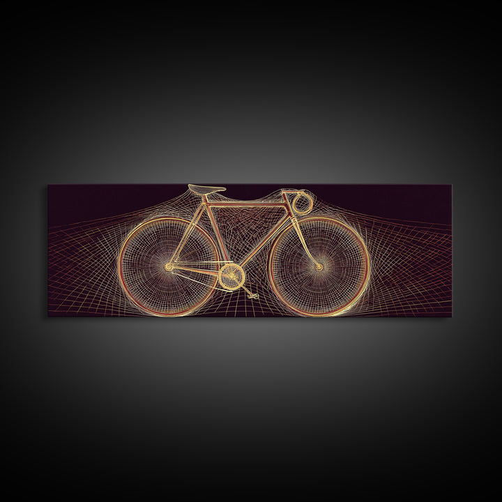 Glowing Gold Road Bicycle Framed Canvas Print, Retro Futuristic Cycling Wall Art, Modern Geometric Poster, Man Cave Decor