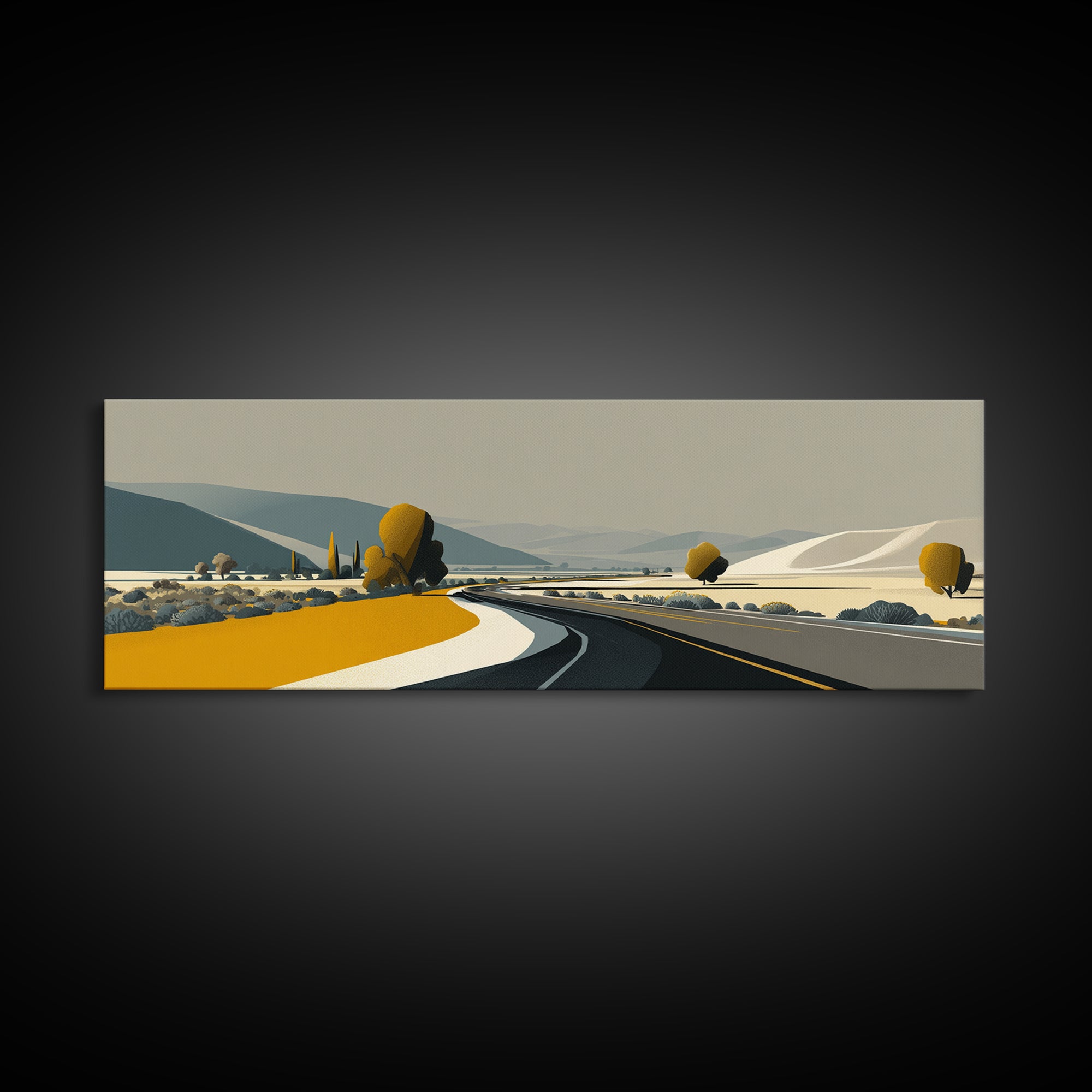 Minimal Country Road Wall Art, Modern Landscape Print, Neutral Midcentury Decor, Scenic Home Office Art, Mustard Yellow Decor