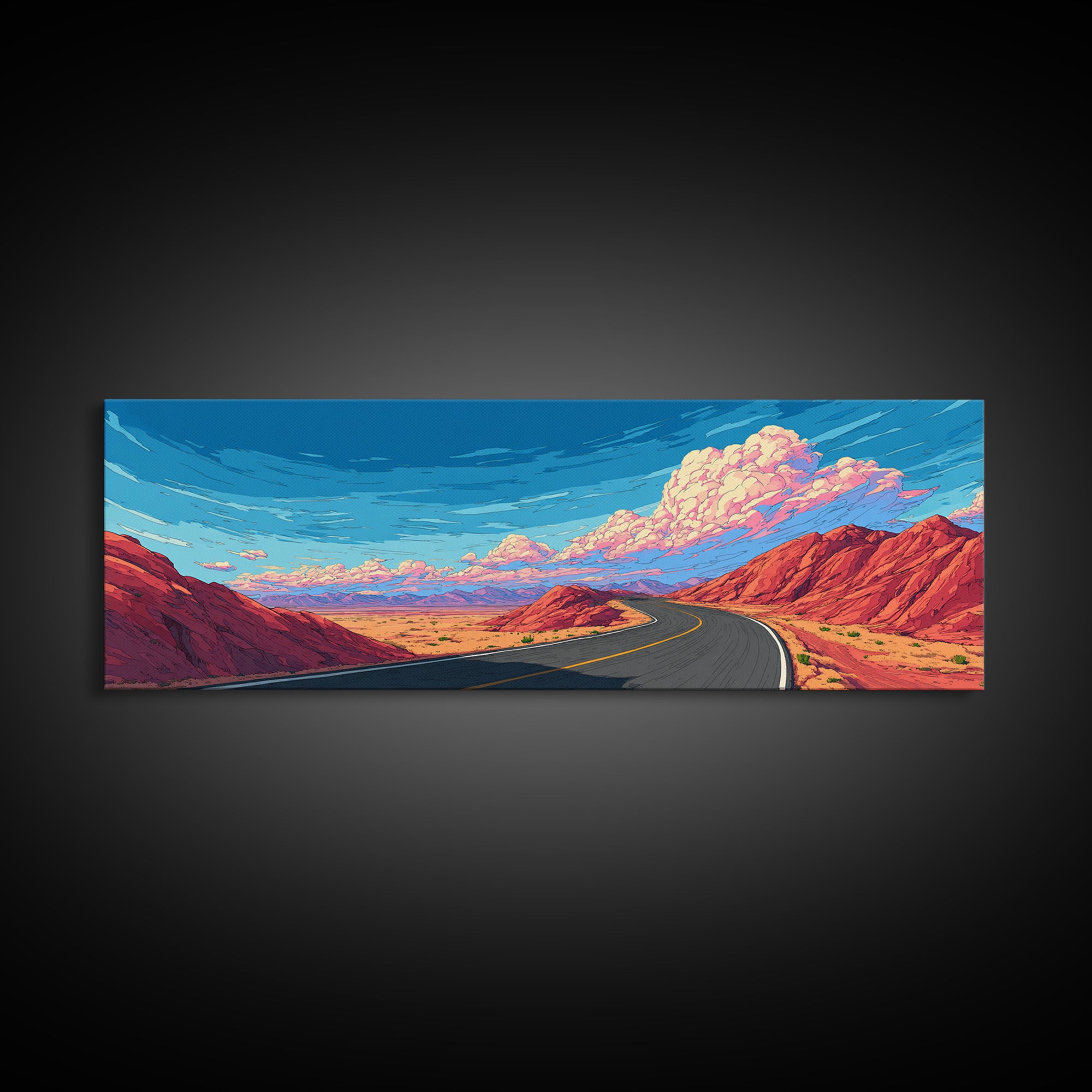 Red Canyon Highway Framed Canvas Print, Modern Wall Art, Retro Travel Poster Style, Colorful Landscape, Southwestern Decor