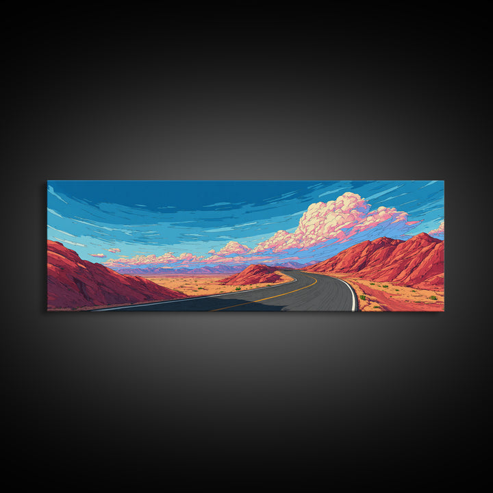 Red Canyon Highway Framed Canvas Print, Modern Wall Art, Retro Travel Poster Style, Colorful Landscape, Southwestern Decor