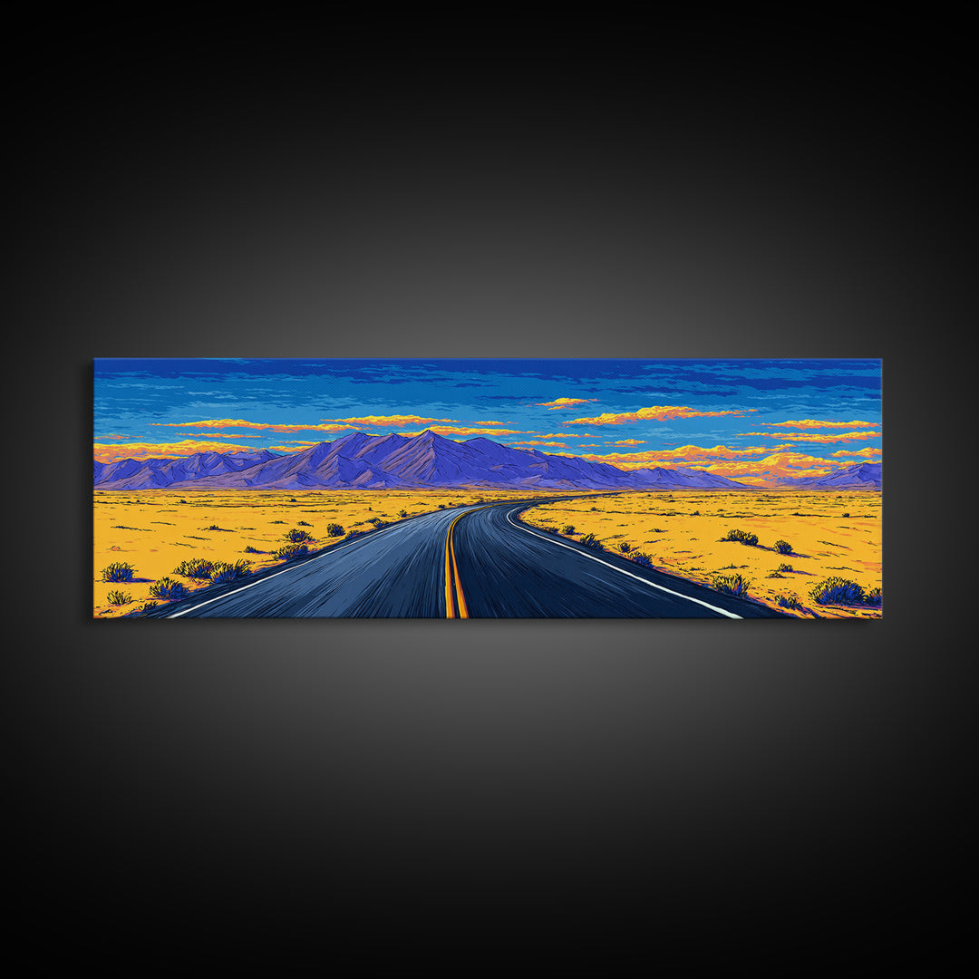 Vibrant Desert Highway And Purple Mountains Wall Art, Mid Century Modern Landscape Poster, Retro Road Trip Home Decor Print