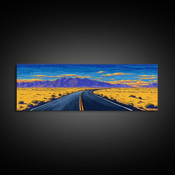 Vibrant Desert Highway And Purple Mountains Wall Art, Mid Century Modern Landscape Poster, Retro Road Trip Home Decor Print